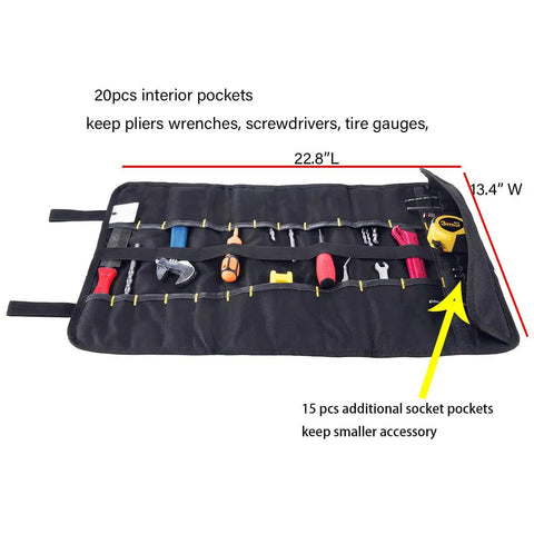 Roll Up Tool Organizer With Pockets For Wrenches And Screwdrivers, 20 Interior Pockets And 15 Socket Slots, Heavy Duty 600D Polyester