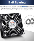 EC Brushless Industrial Case Fan 120x120x38mm, 116 CFM with ball bearing focus, black grid design for electronics cooling.