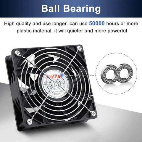 EC Brushless Industrial Case Fan 120x120x38mm, 116 CFM with ball bearing focus, black grid design for electronics cooling.