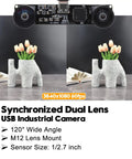 Dual Lens USB Camera Module 1080P 60FPS UVC Industrial Board With Color Synchronization Dual M12 Lenses Distortion Free Wide Angle 120 Degree USB Camera For 3D VR And Biometric Detection, showing dual lenses and specs in a close-up view.