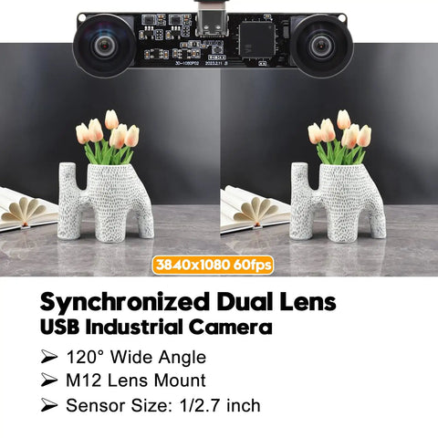 Dual Lens USB Camera Module 1080P 60FPS UVC Industrial Board With Color Synchronization Dual M12 Lenses Distortion Free Wide Angle 120 Degree USB Camera For 3D VR And Biometric Detection, showing dual lenses and specs in a close-up view.