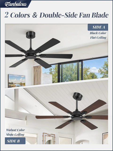 Beefy 52 Inch Ceiling Fan No Light With Remote Modern Ceiling Fan Without Light Dual Finish Six Blades Reversible Quiet DC Motor Six Speed Large Ceiling Fan For Indoor Or Covered Outdoor Black showing black and walnut blade colors