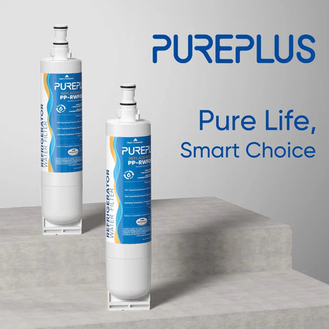 EveryDrop 5 Compatible Refrigerator Water Filter Replacement 4 pack showcasing product on gray steps with blue branding