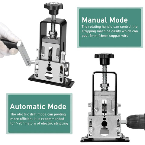 Slick Two Way Copper Wire Stripping Machine Using Manual Hand Crank Or Drill Power for efficient wire peeling with rotating handle.