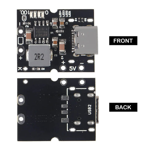 Front and back view of 10 Pack Type C USB 5V 2A Boost Converter Step Up Power Module With LED Display for lithium battery charging.