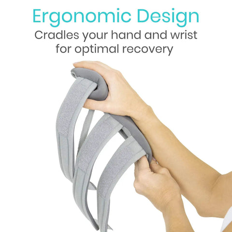 Hands holding Resting Hand Splint for Right Hand With Rehab Video App, Night Wrist Immobilizer and Thumb Stabilizer Wrap