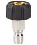 Close-up of 3/4 in GHT to M22-14MM quick-connect fitting with black plastic nut and metal body