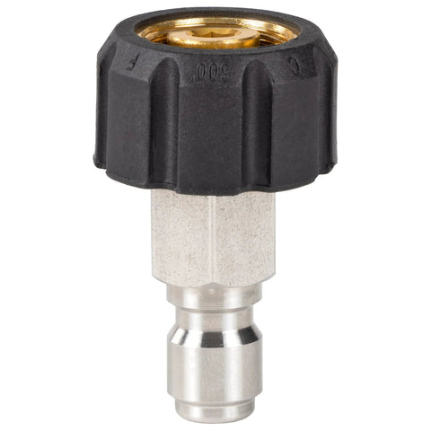 Close-up of 3/4 in GHT to M22-14MM quick-connect fitting with black plastic nut and metal body