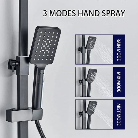 3-function hand sprayer modes on Dope Matte Black Outdoor Shower System With Thermostatic Control And Wall Mount Kit, Includes Tub Spout, Rain Shower Head, Bidet, Shelf, 304 Stainless Steel Shower Tube And Brass Valve Body