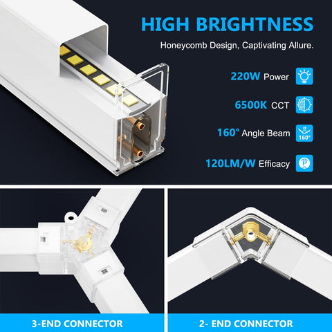 Hexagon Garage Lights LED 25 Pack 220W 26400LM 6500K Daylight White Ceiling Lighting For Garage Warehouse Basement Gym Detailing Shop Wash Yoga Room Ultra Bright High Output close-up of connector and light