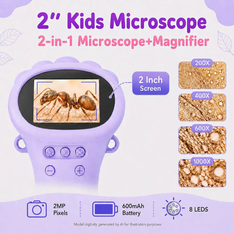 Awesome Kids Handheld Microscope Camera With 2 Inch Screen, Educational Magnifier Toy For Science Fun, Great Christmas Birthday Gift For Ages 3 To 12, Boys And Girls, Purple, 2-inch display