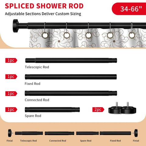 Black Stainless Steel Shower Curtain Rod 34 To 66 Inches Adjustable Tension Rod No Drilling No Rust Non Slip design