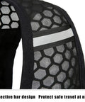 Close-up of hydration running backpack with water reservoir vest showing reflective bar for safety at night.