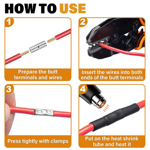 Instructions for using 6 Gauge Non Insulated Butt Connectors With Heat Shrink Tubing Pure Copper Wire Splice Kit For Automotive Electrical Crimp Joints For 6AWG Wiring Pack Of 20