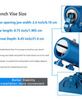 Three-Axis Blade Light Duty Workshop Knife Vise Tool With 360-Degree Swivel Base, dimensions and stability features shown