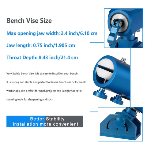 Three-Axis Blade Light Duty Workshop Knife Vise Tool With 360-Degree Swivel Base, dimensions and stability features shown