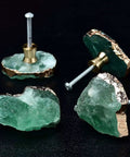 Green Fluorite Stone Cabinet Knobs Set Dope Healing Crystal Drawer Handles Gold Plated Gemstone Cupboard Pulls For Home Office Decor Fits Kitchen Cabinets Dressers 4 Pack, black background, focus on gemstone texture and gold detailing.