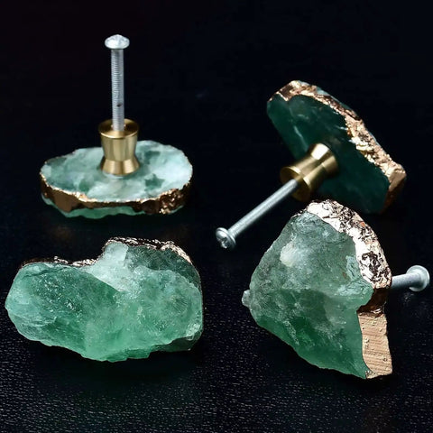 Green Fluorite Stone Cabinet Knobs Set Dope Healing Crystal Drawer Handles Gold Plated Gemstone Cupboard Pulls For Home Office Decor Fits Kitchen Cabinets Dressers 4 Pack, black background, focus on gemstone texture and gold detailing.