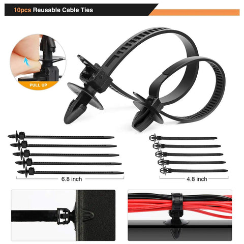 Universal Car Fastener Kit with 635 Piece Push Retainer Clips, includes 10 cable ties shown in various sizes and applications.
