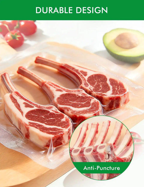 Pro Grade Vacuum Seal Bags For Food Storage And Sous Vide BPA Free Durable Puncture Resistant Bags showing chops in bag