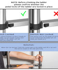 Diagram of lock switch usage for 8.5 Foot Stainless Steel Telescoping Ladder Ultra Lightweight Multi Purpose Extension For Indoor And Outdoor Use Space Saving Design Built For Everyday Workhorse Performance 330 Pound Capacity.