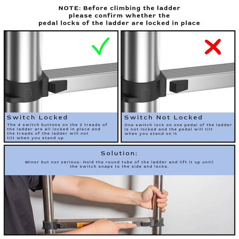 Diagram showing switch lock mechanism for Stainless Steel Telescoping Ladder 10.5 Ft No Frills Ultra Portable Multi Purpose Extension Ladder