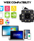 12MP USB Camera With Light For Crisp 4K Streaming And No Fuss Ultra Smooth 1080P 120fps Recording IMX577 Low Light Sensor Plug And Play Compatible With Lightburn Windows Mac Linux Android, showcasing compatibility icons and electronic devices.