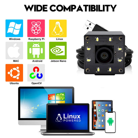 12MP USB Camera With Light For Crisp 4K Streaming And No Fuss Ultra Smooth 1080P 120fps Recording IMX577 Low Light Sensor Plug And Play Compatible With Lightburn Windows Mac Linux Android, showcasing compatibility icons and electronic devices.