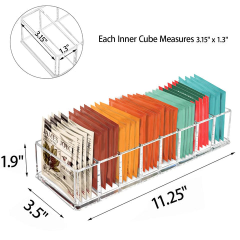 Clear Acrylic 8 Slot Tea Bag Organizer For Drawer Pantry And Countertop Tea Bag Holder with tea bags and size dimensions