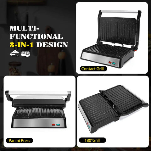 Aigostar 1200W Panini Press Sandwich Maker With Ceramic Non Stick Plates Opens 180 Degrees For Indoor Grilling Stainless Steel Removable Drip Tray Silver Compact Kitchen Appliance For Quick Meals multi-functional design with 180-degree opening.