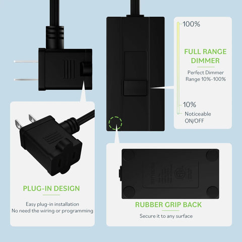 Image showing Table Top Plug In Dimmer For Lamps With Quiet Slide Control, plug, slider, and rubber grip back, highlighting dimming range 10-100%.