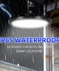 IP65 waterproof Two Pack 150W LED High Bay Light 5000K UFO Fixture with US plug, hanging in wet warehouse location