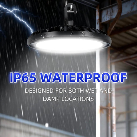 200W UFO LED High Bay Light 5000K With US Plug, 26,000 Lumens, IP65 wet location, warehouse fixture hanging in rain