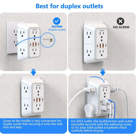 Heavy Duty 6 Outlet Splitter Surge Protector With 4 Usb Ports And Dual Type C Plug And Play Wall Expander Power Strip showing installation instructions.