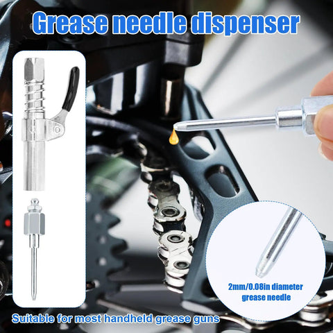 Grease Gun Accessory Kit With Two Needle Nozzles, Two Dispensers Straight And Curved, One Coupler Adapter, Coating Chain