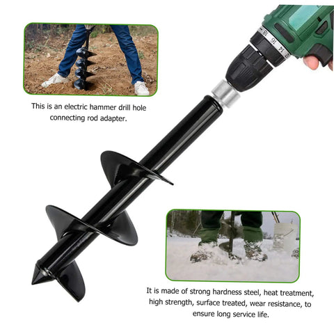 Garden Auger Drill Chuck Adapter for Hammer Drill connected to auger, ideal for planting bulbs and stump removal, electric hammer compatible.