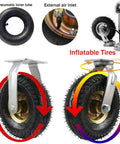 Built Tough Heavy Duty Pneumatic Swivel Caster Set Four Pack Premium Natural Rubber Wheels With Shock Absorption For Warehouse Carts Smooth Glide And Serious Grunt Power showing inflated tires and 360-degree swivel mounts.