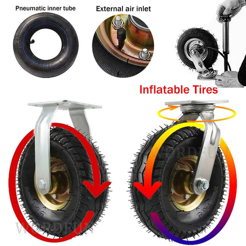 Built Tough Heavy Duty Pneumatic Swivel Caster Set Four Pack Premium Natural Rubber Wheels With Shock Absorption For Warehouse Carts Smooth Glide And Serious Grunt Power showing inflated tires and 360-degree swivel mounts.