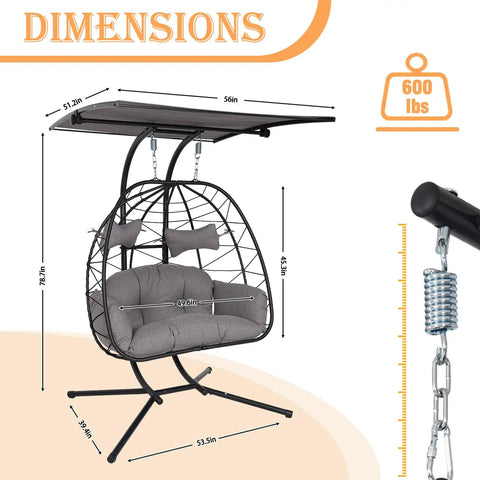 Double Egg Chair With Stand And Adjustable Canopy For Two People Indoor Outdoor Wicker Hanging Swing Chairs With Removable Cushions 660 Lbs Capacity For Patio Balcony Black Frame Dark Grey Cushions Outdoor Living dimensions and weight capacity details
