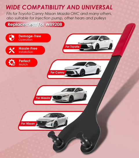 Camshaft pulley holding tool with red handle and black body; universal fit for Toyota, Nissan, Mazda OHC engines