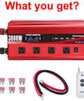 Beefy 3000W DC To AC Inverter With LCD Display And Remote Control 4 AC Outlets And 4 USB 3.1A Ports 12V To 110V 120V, in red case with cables and remote.