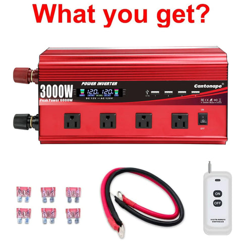 Beefy 3000W DC To AC Inverter With LCD Display And Remote Control 4 AC Outlets And 4 USB 3.1A Ports 12V To 110V 120V, in red case with cables and remote.