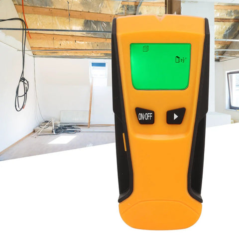 Aramox Wall Scanner Stud Finder, PC ABS Cordless Stud Detector with LCD green backlit screen in interior setting.