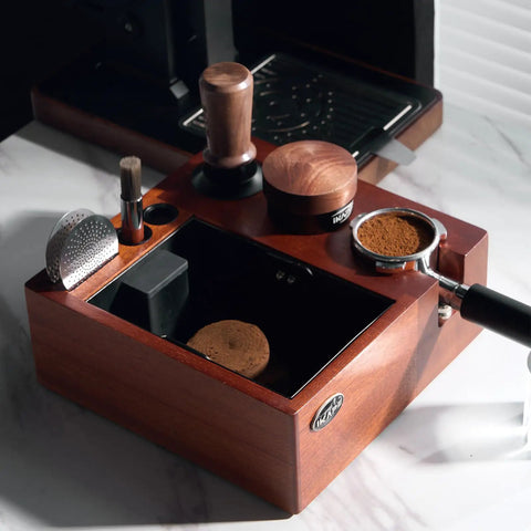 Eight In One Espresso Knock Box And Barista Grade Coffee Accessories Organizer With Natural Walnut Base, fits 51-58mm tools