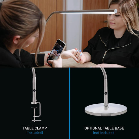 Woman using Slimline LED Table Lamp With 80 CRI Eye Care, flexible neck, 4 step dimmer, clamp base in brushed steel, manicure setting
