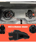 CCS2 To ChadeMo EV Charging Adapter 200A DC Fast Charge Connector showing charging ports and adapter design in vehicle trunk.