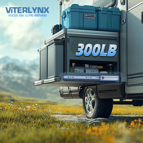 Heavy Duty Soft Close Drawer Slides With 300 Lb Full Extension Ball Bearing Rails For Cabinets And Tools mounted on a vehicle.