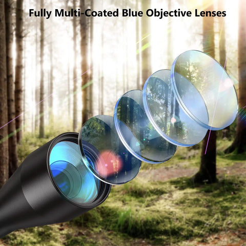Exploded view of fully multi-coated blue objective lenses on 3-9x40 Crosshair Riflescope With R4 Reticle And 11mm Dovetail Mounts