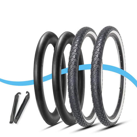 26 Inch Cruiser Bike Tire Replacement Set With Two Tubes And Levers, White Sidewall Folding Tires 26x2.125 Inches, Ideal For Beach Cruiser Use