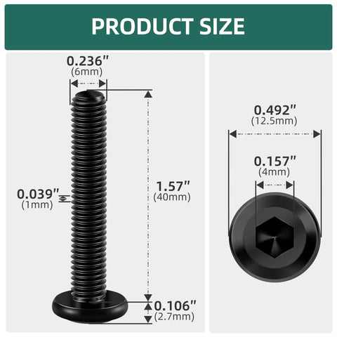 Heavy Duty M6 Socket Head Cap Screws 40mm Fully Threaded 304 Stainless Steel Black Zinc Plated Furniture Bolts size chart.